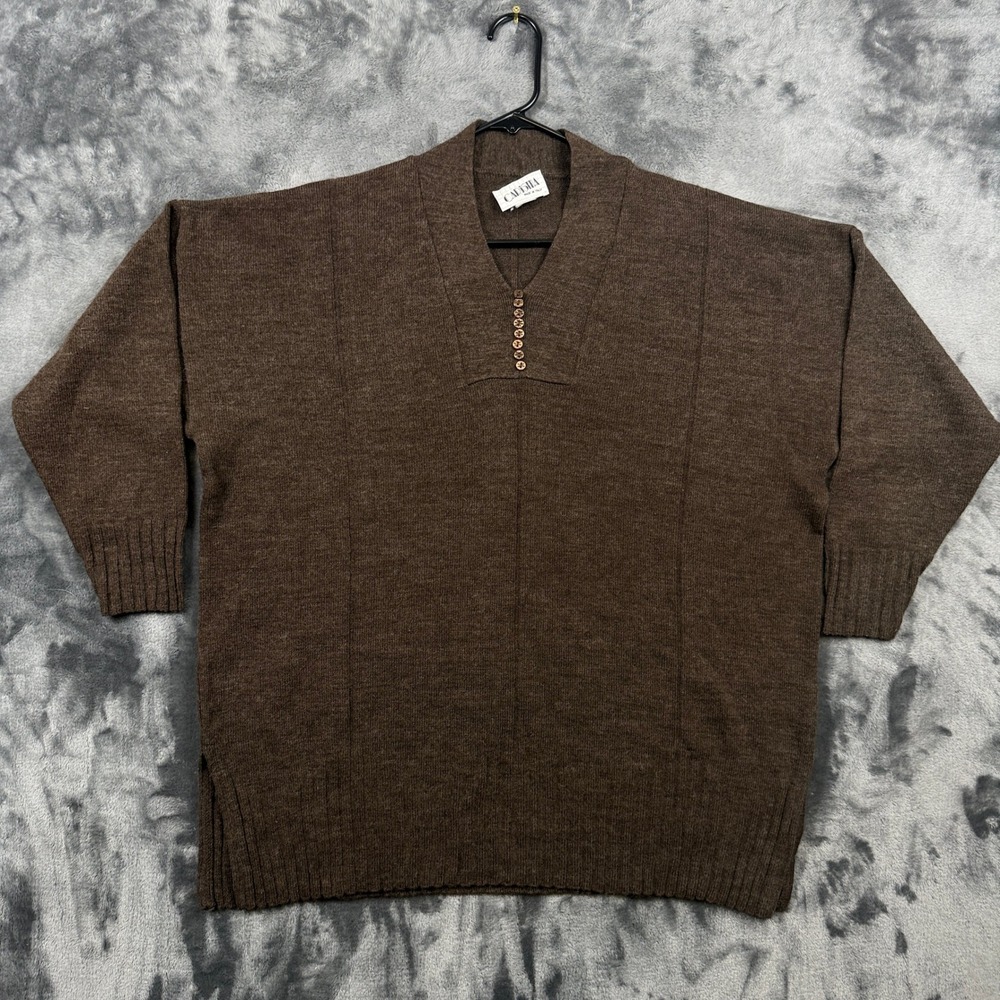 Carisma Knit Sweater Mens XL Brown V-Neck Henley Button Made in Italy Vintage